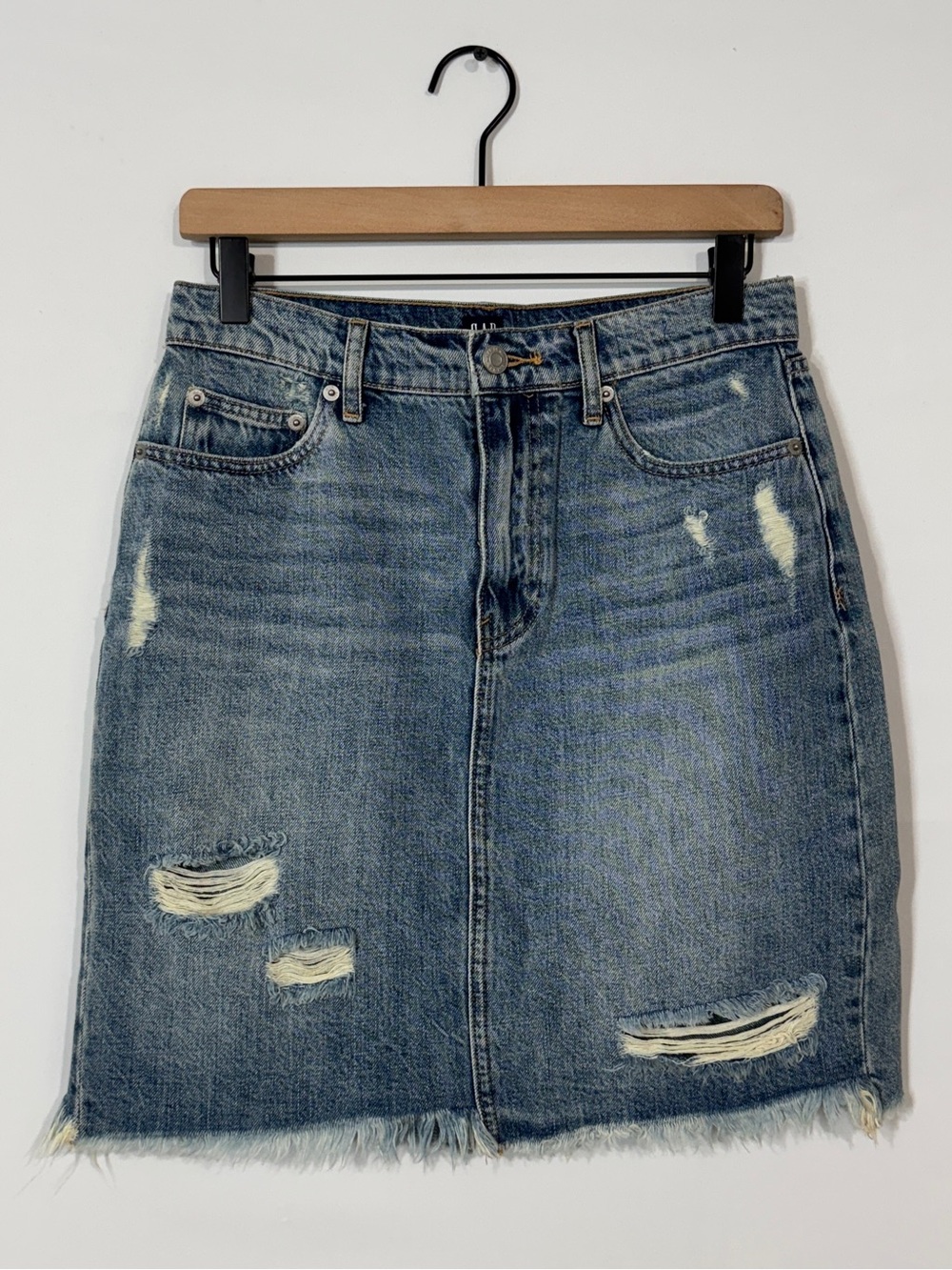 {GAP} Blue Distressed Knee Length Frayed Hem Denim Skirt WSK37